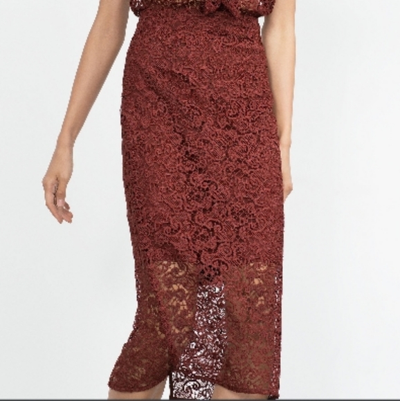 Zara Lace Eyelet Rust Midi Pencil Skirt size small - Picture 13 of 13